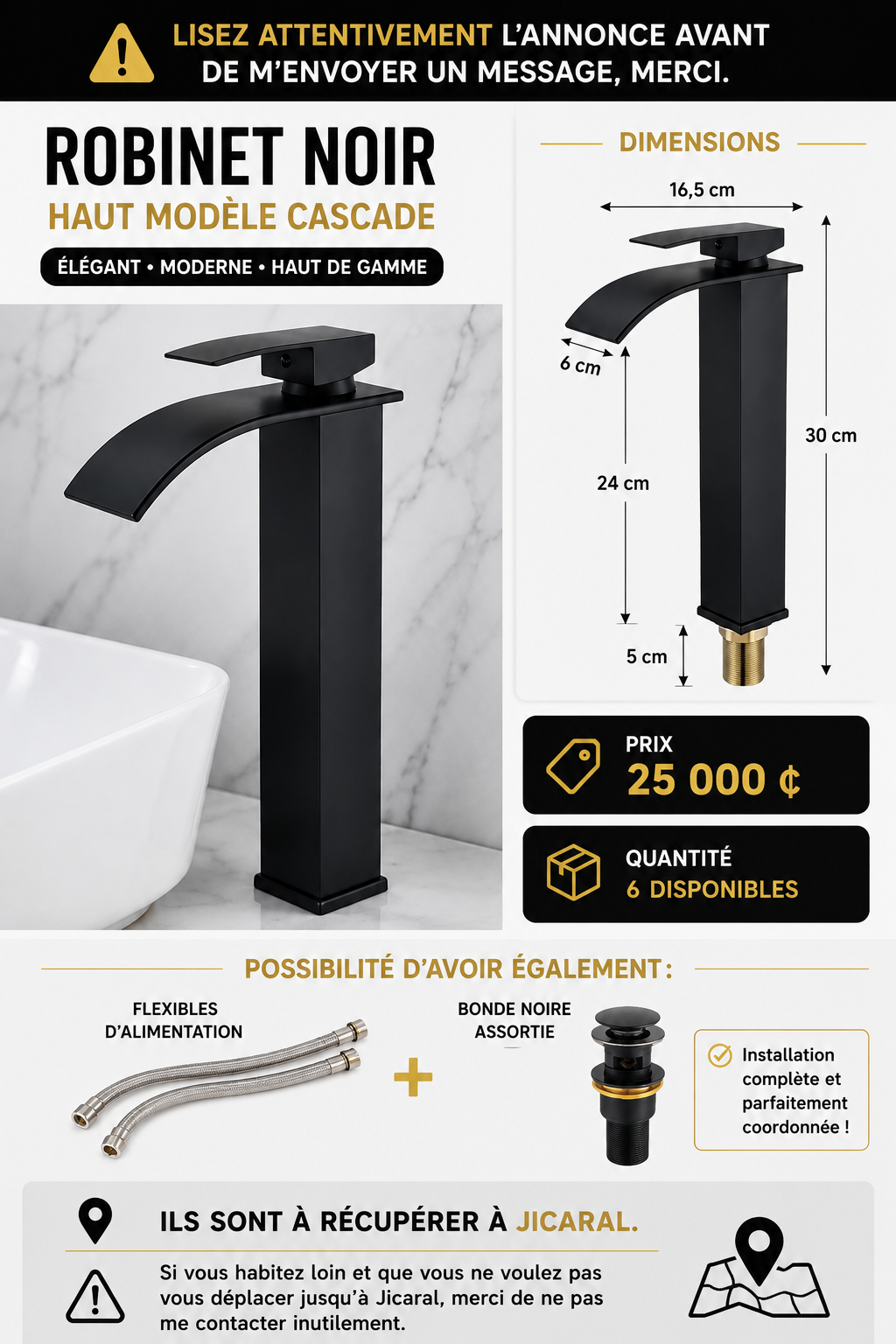 ROBINET NOIR HAUT MODÈLE CASCADE – 30 CM
