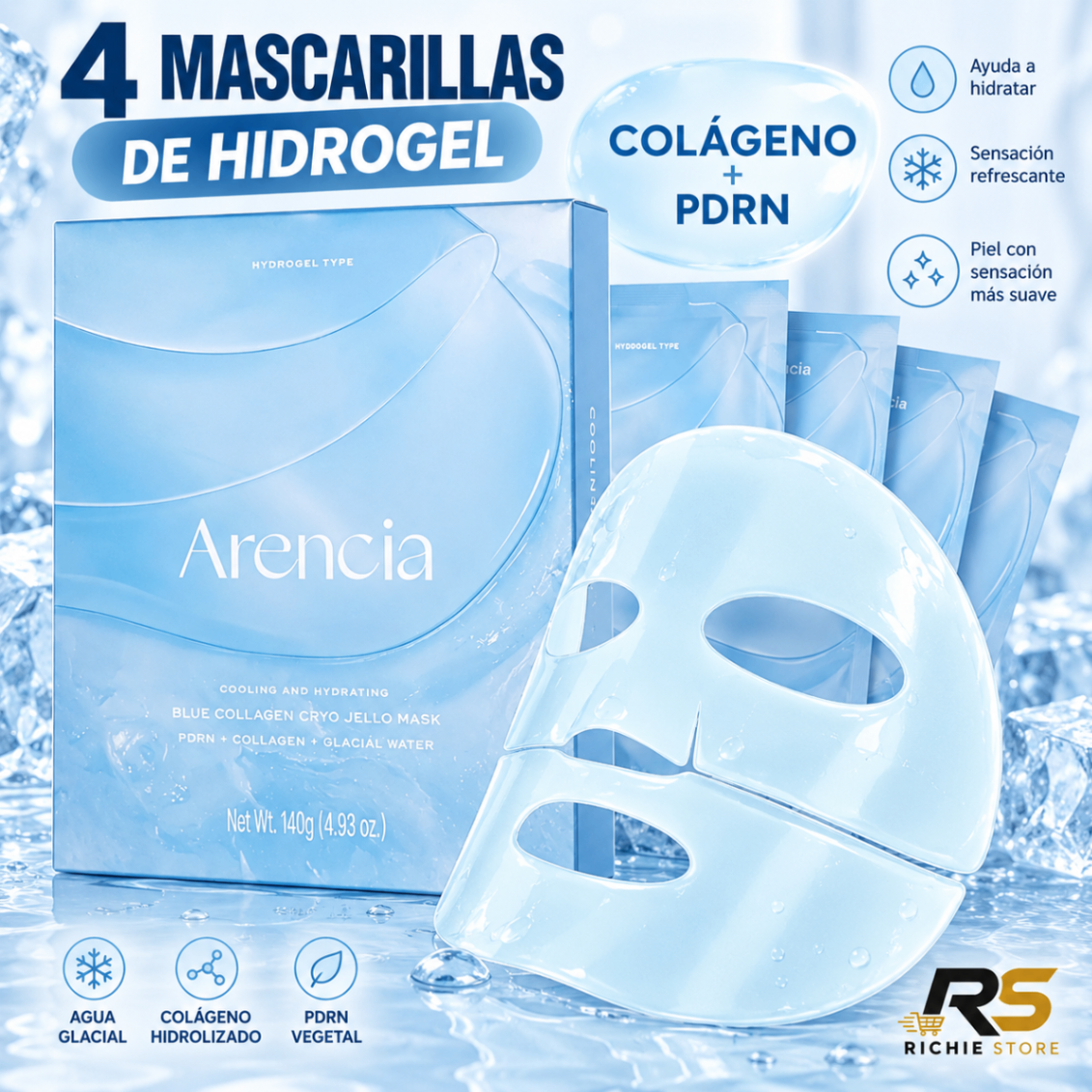 💧 Mascarillas Faciales Arencia Colágeno PDRN Hidrogel | Caja de 4