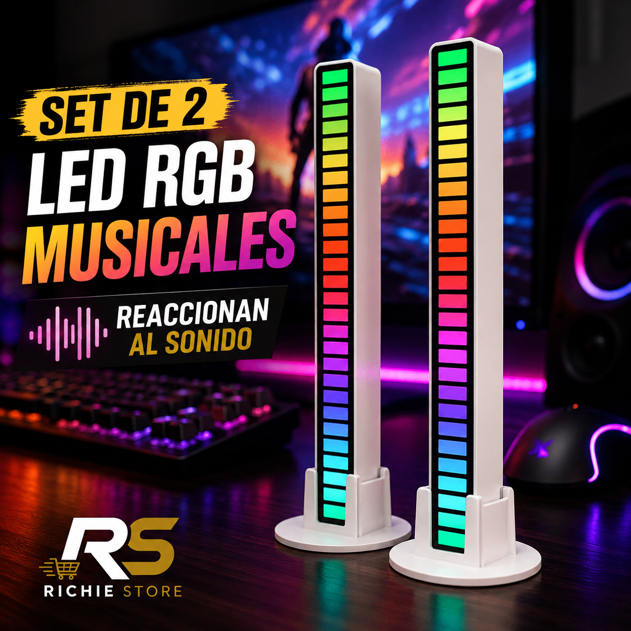 🎮 Set 2 Barras LED RGB Musicales con Sensor de Sonido USB-C