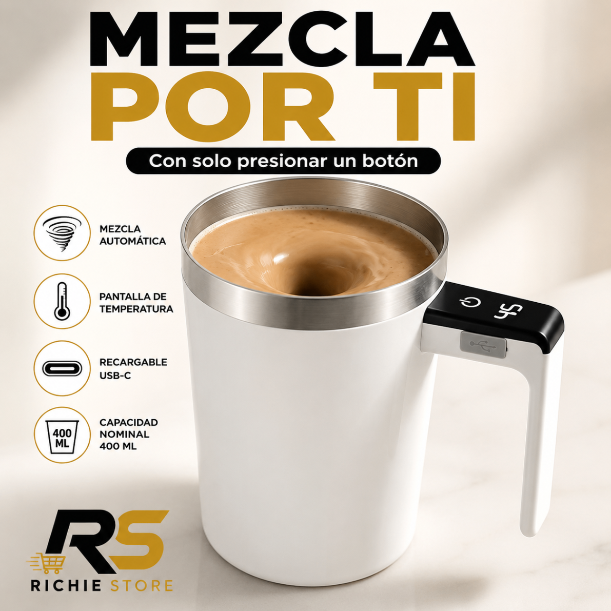 ☕ Taza Mezcladora Automática Recargable 400 ml con Pantalla de Tempera