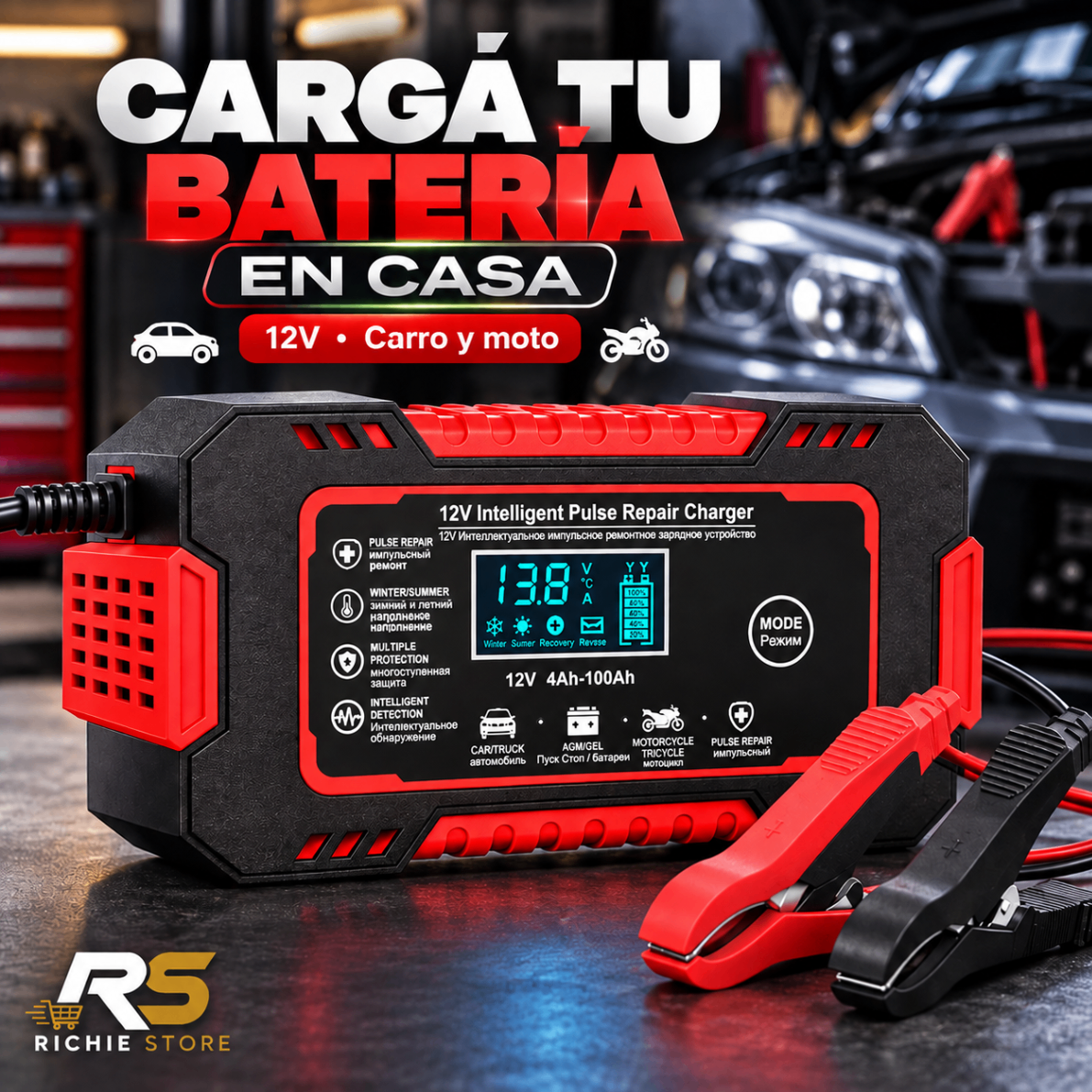 🔋 Cargador Inteligente de Batería 12V para Carro y Moto con Pantalla 