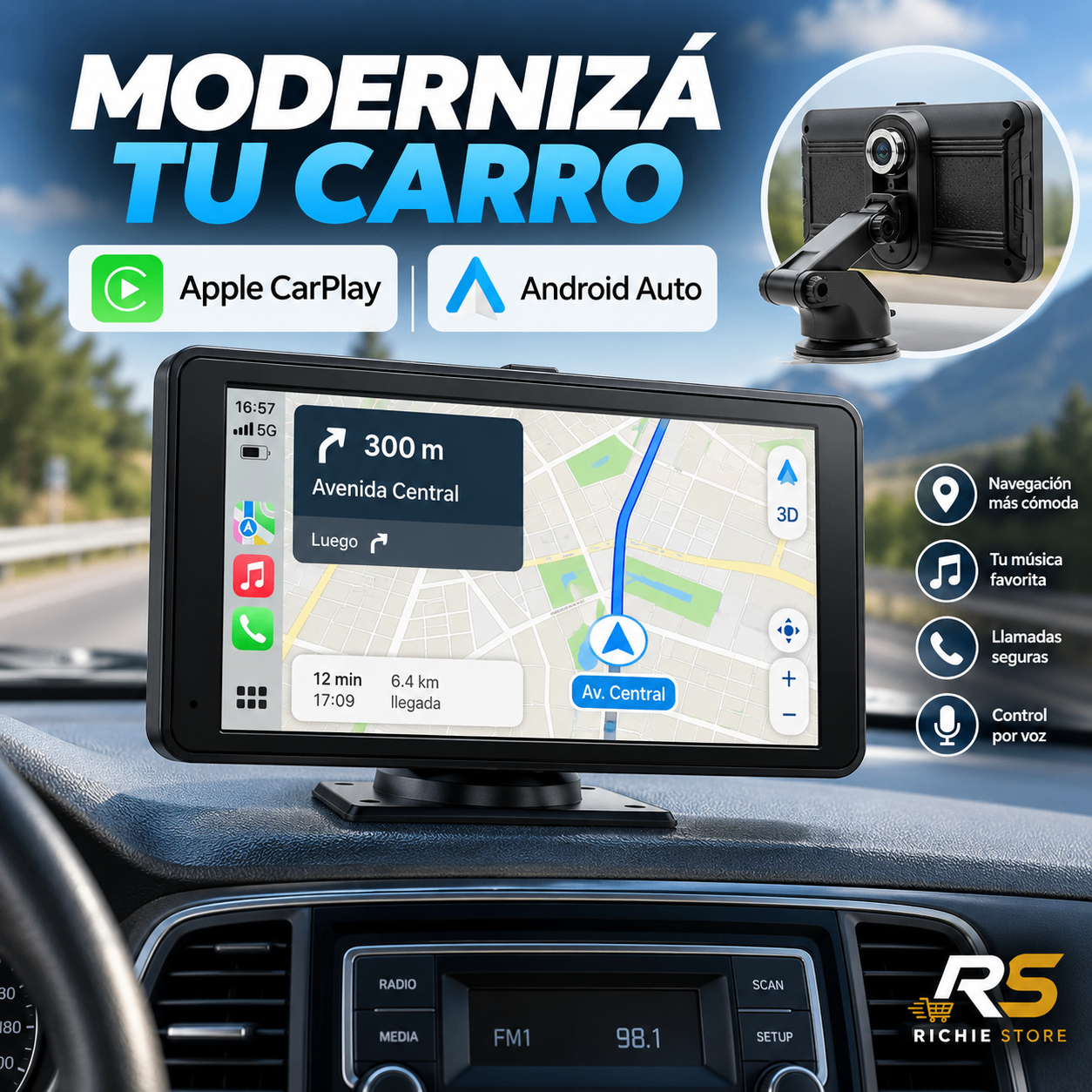 📱 Pantalla CarPlay y Android Auto para Carro con Cámara y Bluetooth
