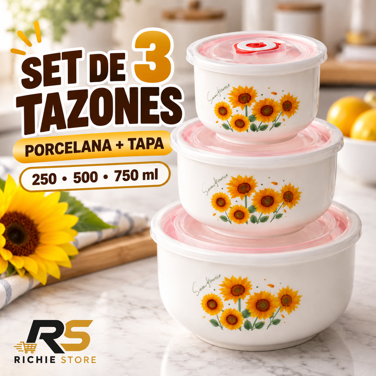 🌻 Set de 3 Tazones de Porcelana con Tapa – Diseño Girasoles