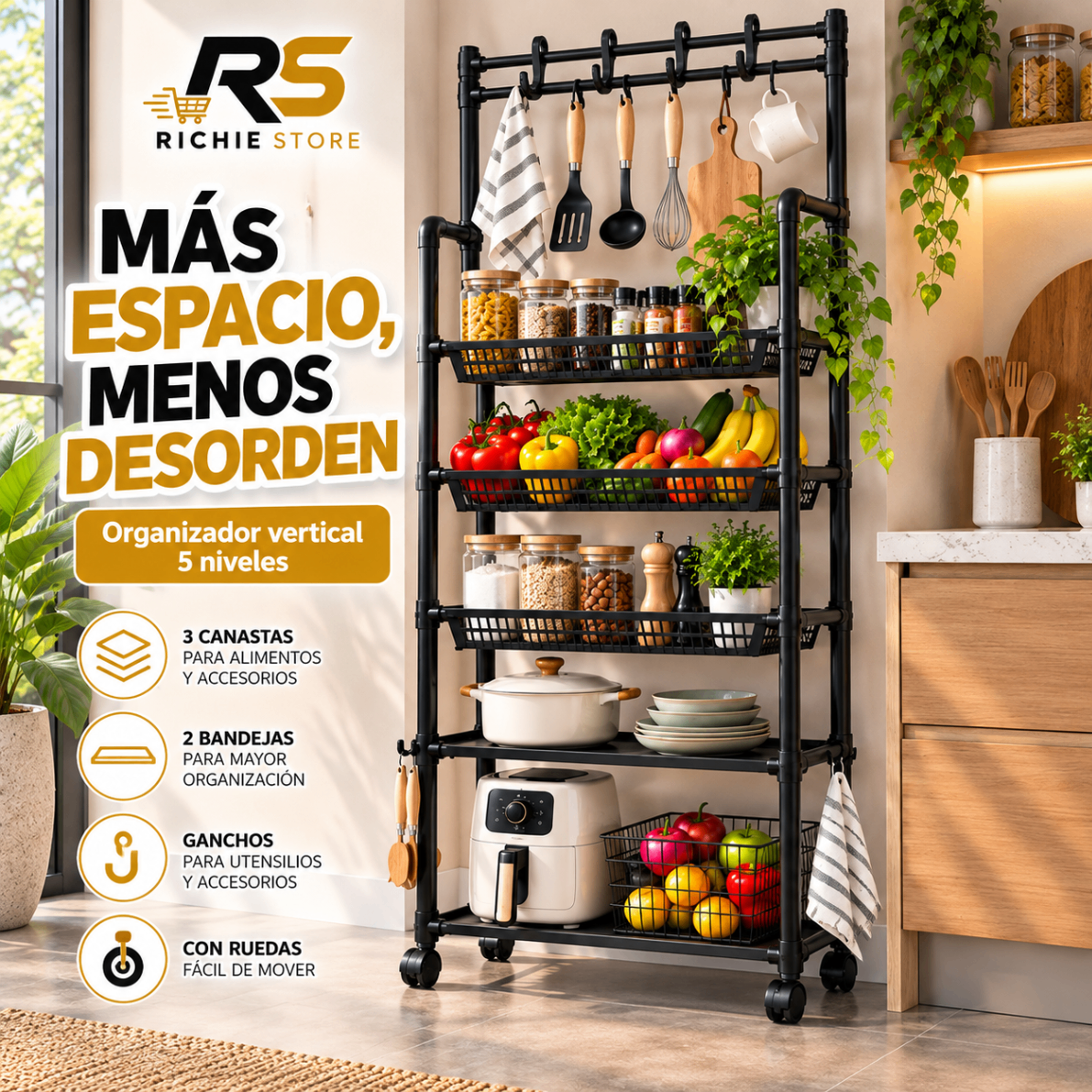 Organizador Vertical de Cocina 5 Niveles con Ruedas y Ganchos