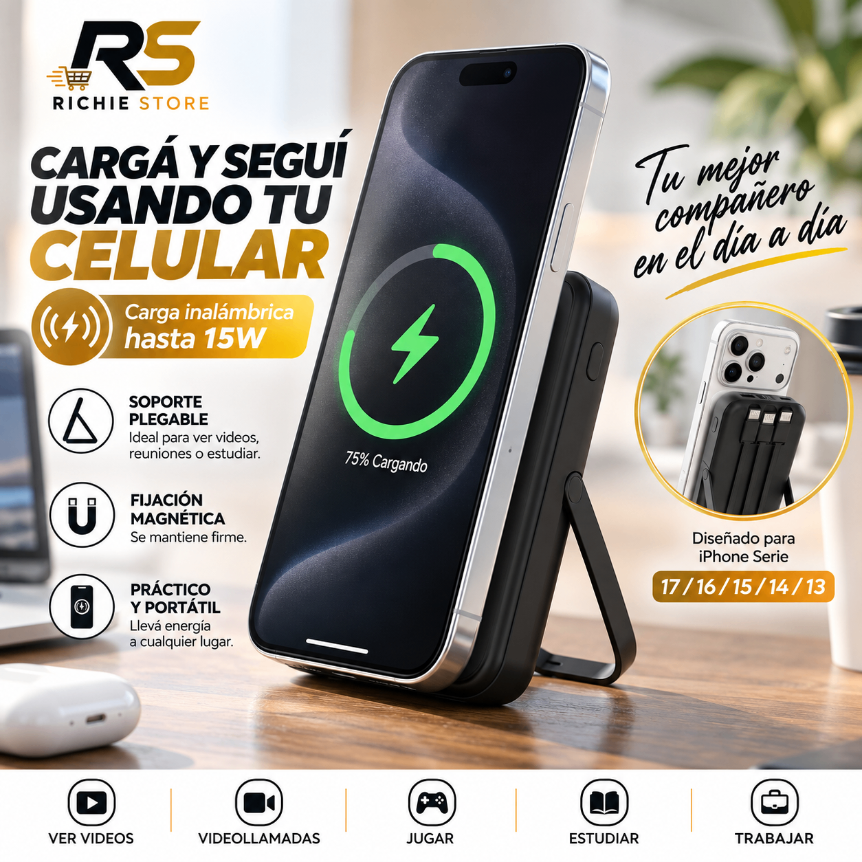 📱 Power Bank Magnético 10000mAh 22.5W con 3 Cables