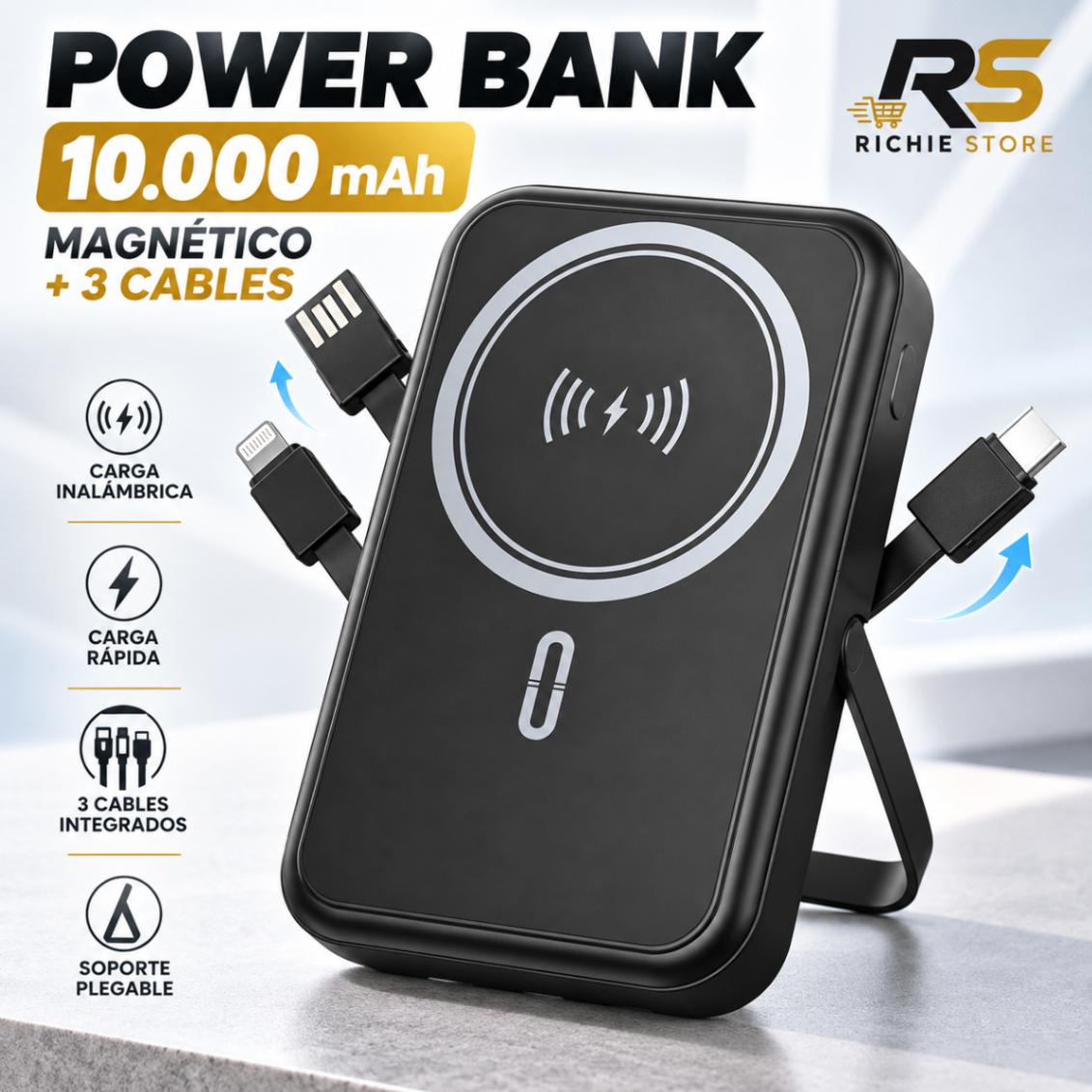📱 Power Bank Magnético 10000mAh 22.5W con 3 Cables