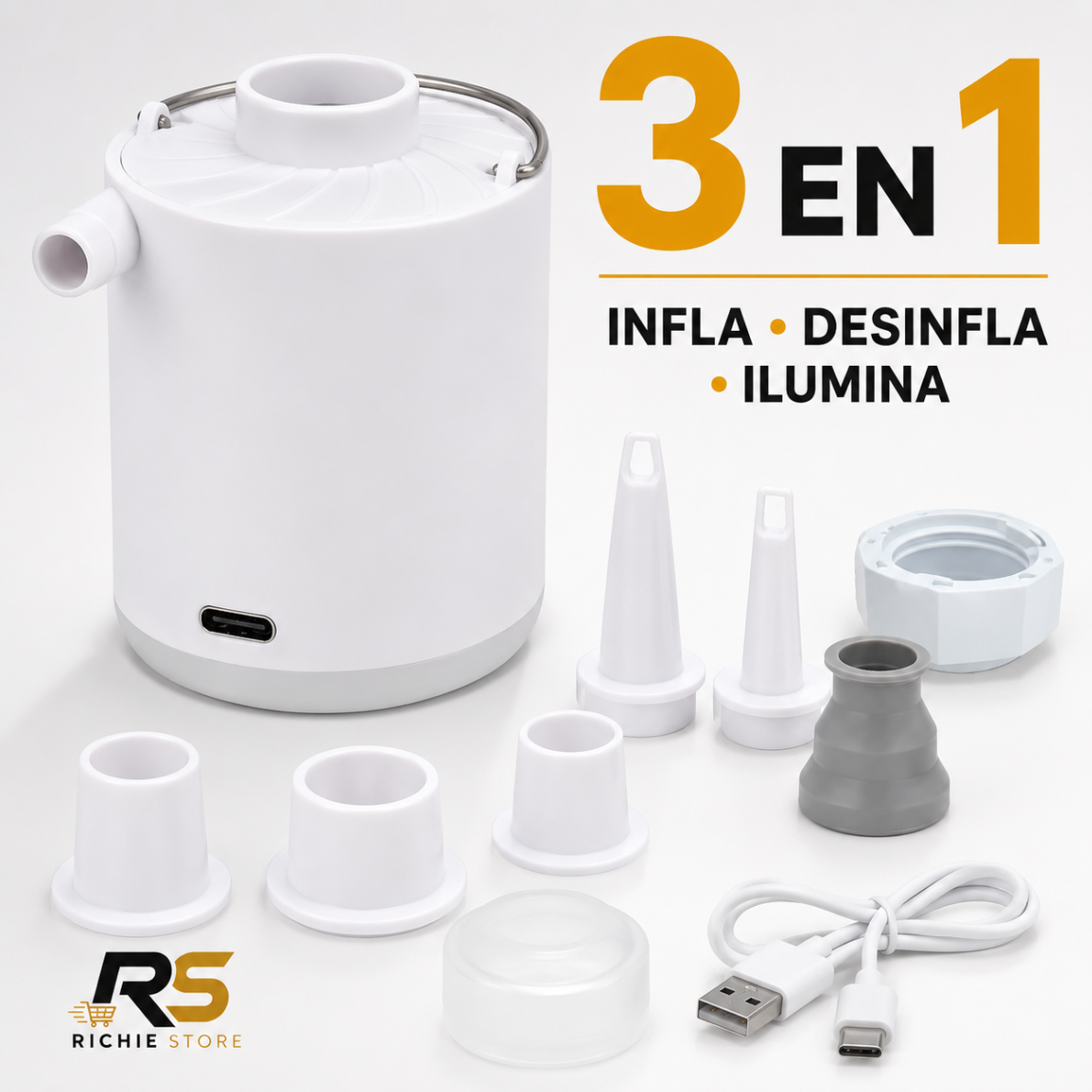 🔌 Mini Bomba de Aire Eléctrica Recargable 3 en 1 con Linterna LED