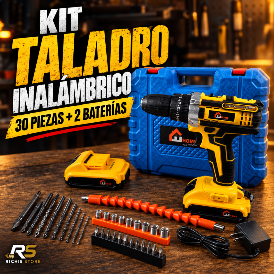 🔋 Kit Taladro Inalámbrico 30 Piezas Doble Batería con Maletín