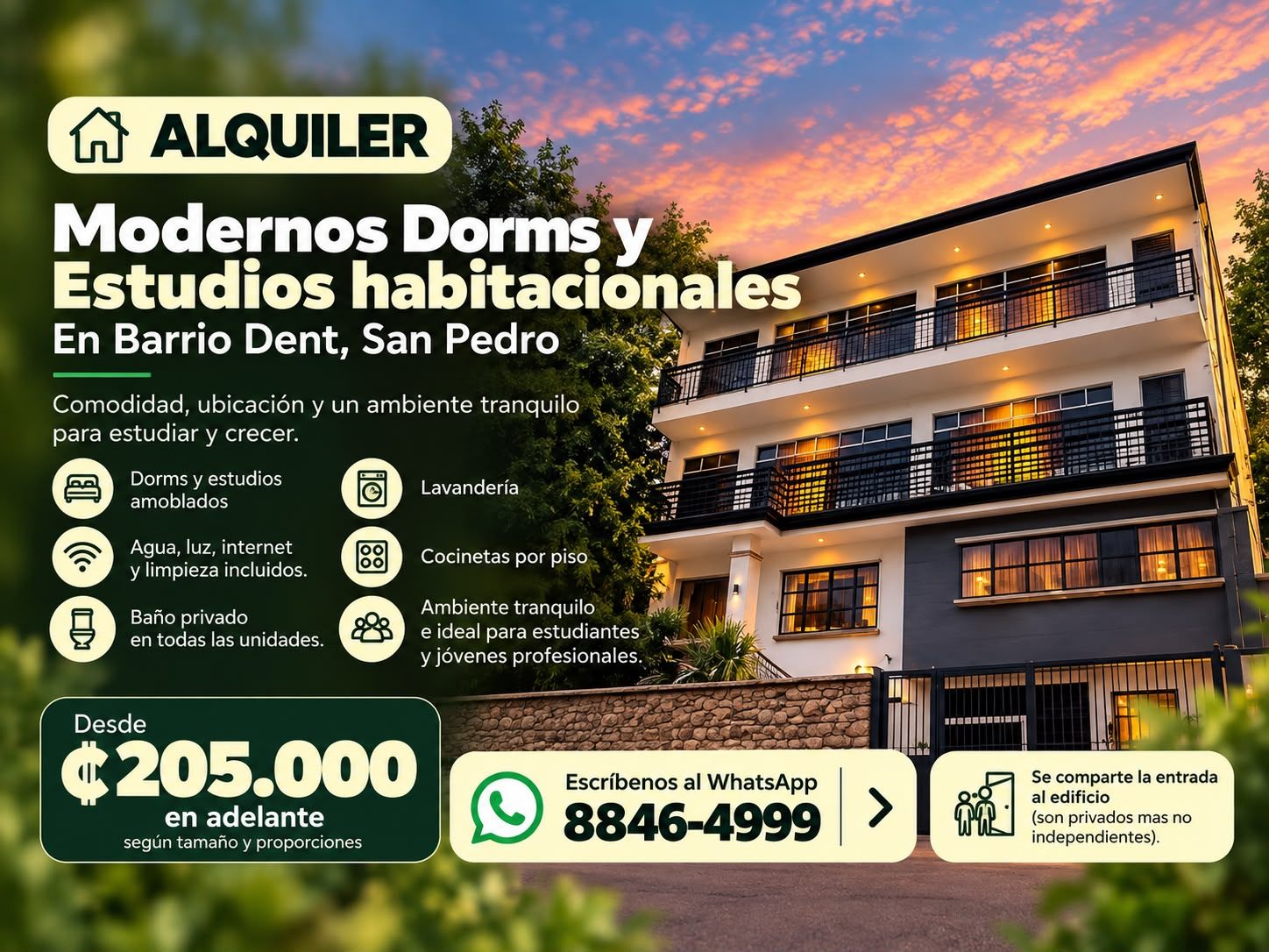 Alquiler Estudios Habitacionales/ Dorms Barrio Dent San Pedro, San Ped