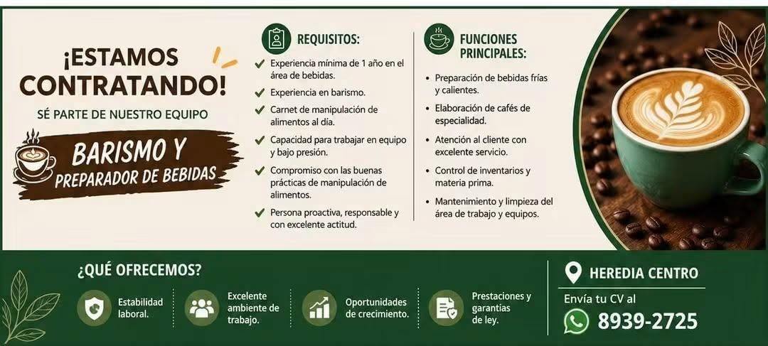 Barista y Preparador de Bebidas – Empleo en Heredia Centro