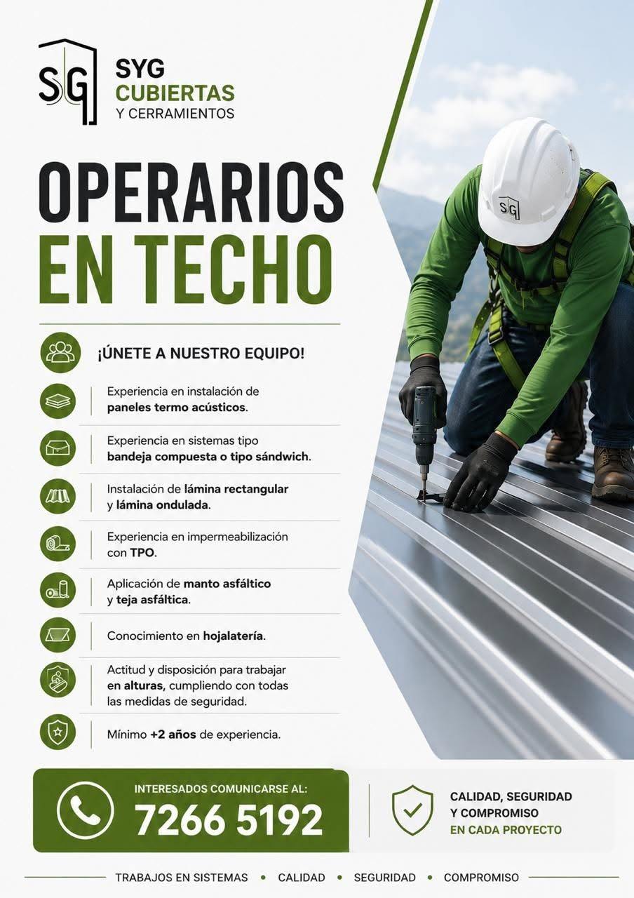 Operarios en Techo y Cubiertas – Empleo en Construcción Costa Rica