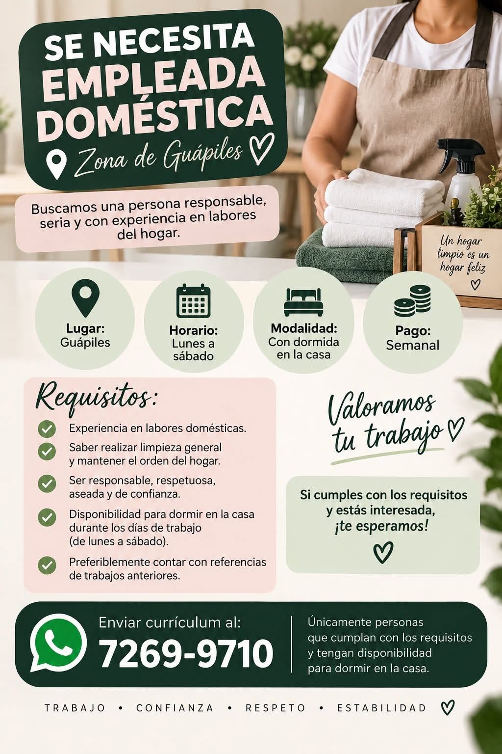 Empleo Empleada Doméstica en Guápiles – Trabajo con Dormida