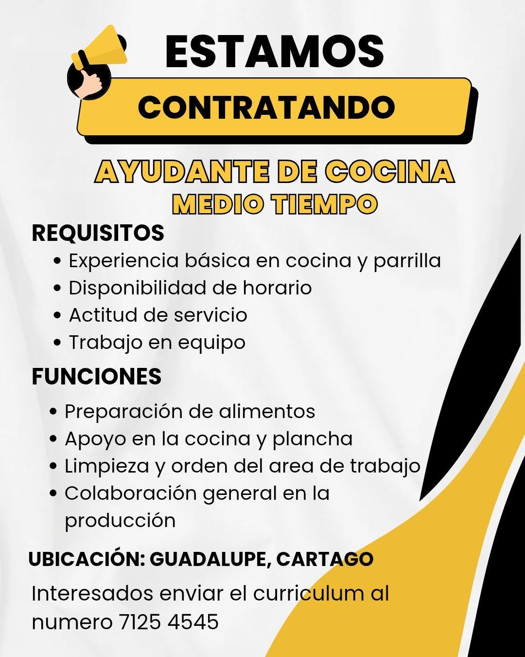 Empleo Ayudante de Cocina Medio Tiempo en Guadalupe, Cartago