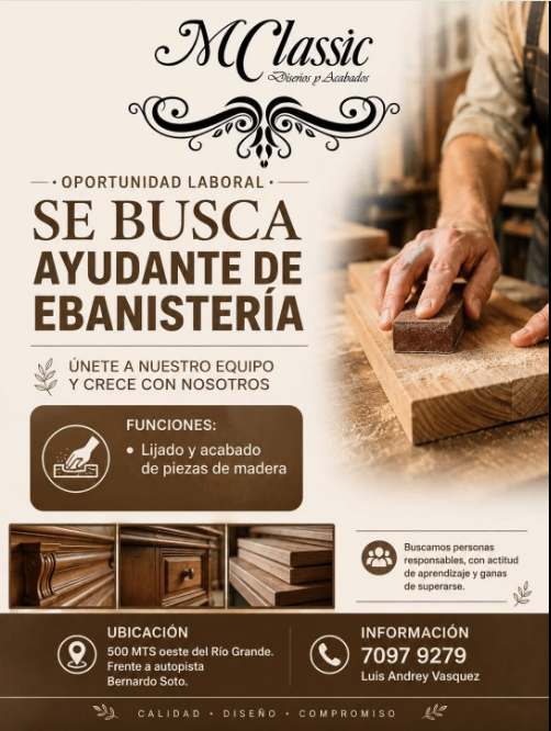 Ayudante de ebanistería – Oferta de empleo en Alajuela