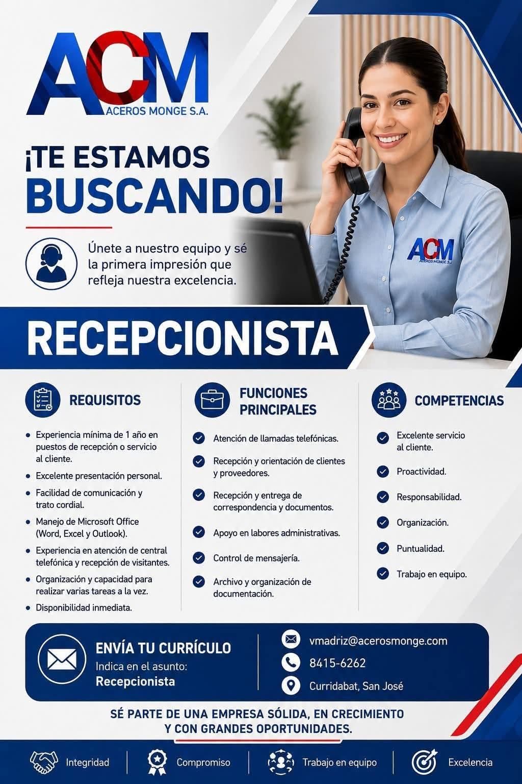 Recepcionista en Curridabat, San José | Oferta de empleo en Costa Rica